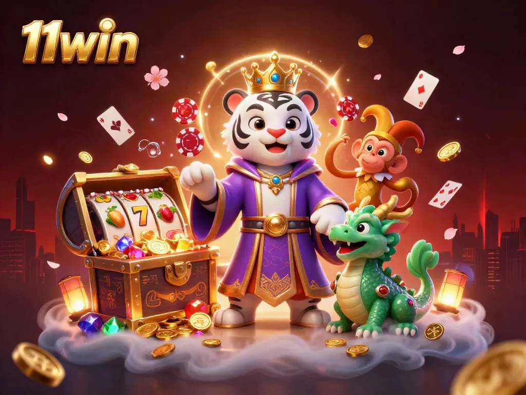 Experience the excitement of 11win with a vibrant scene featuring a royal tiger and a jester monkey in a casino setting.