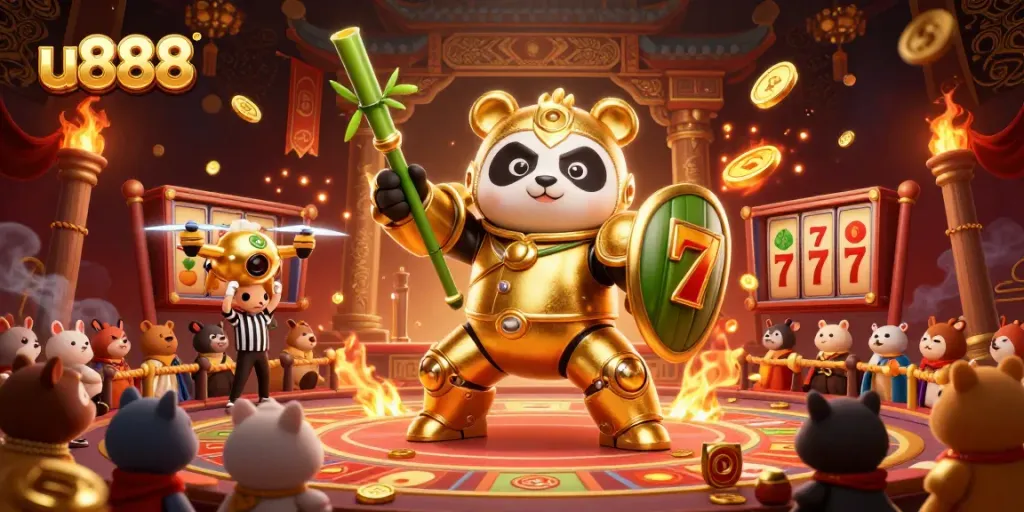 Engage in thrilling gambling action with u888's golden panda mech battling in a vibrant casino arena.