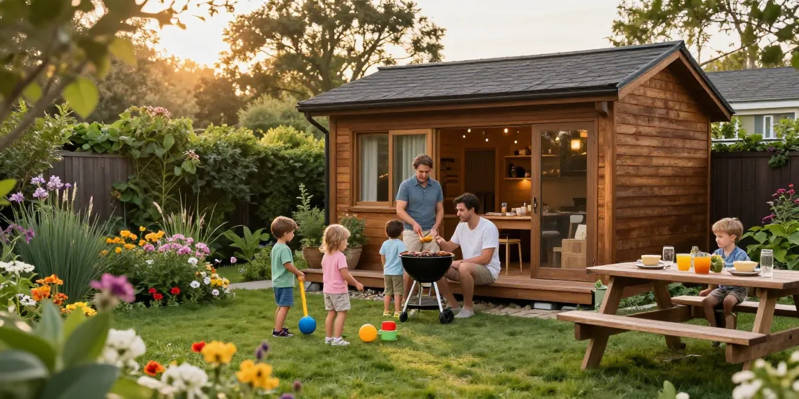 Ein Gartenhaus aus Holz in einer gemütlichen Gartenlandschaft mit Familie und Spielzeug.