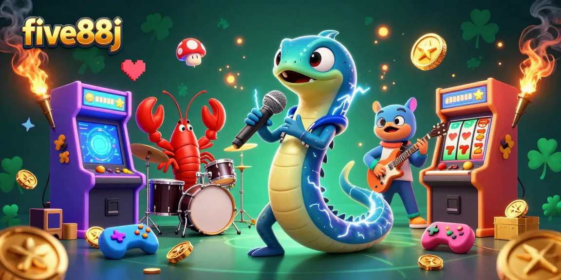 Engage with five88j's underwater casino scene featuring a DJ eel, lobster drummer, and seahorse guitarist.