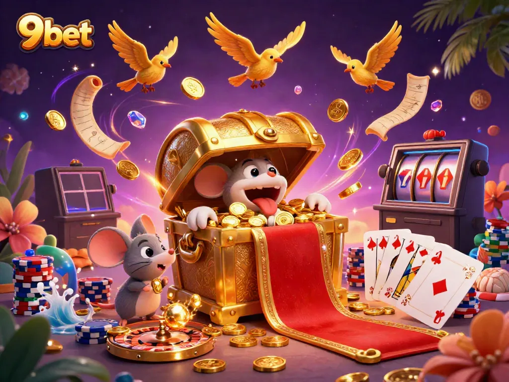 Engage in thrilling 9bet casino games with a dynamic scene showcasing treasure, golden coins, and exciting slot machines.