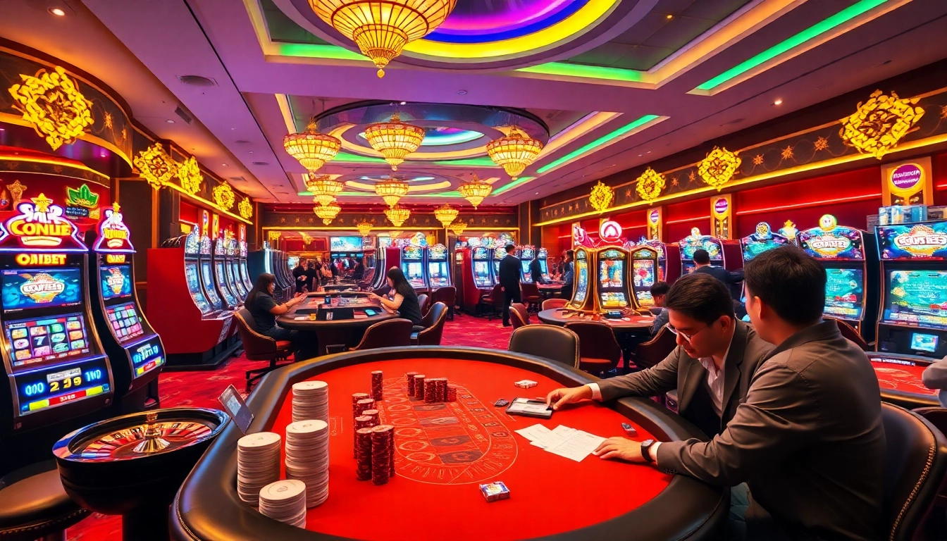 Engaged players enjoying various games at the SOIBET ไทย casino, featuring vibrant slot machines and poker tables.
