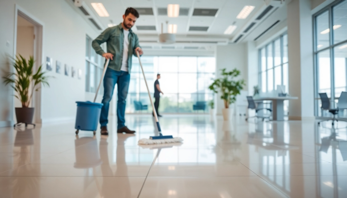 Effektive Gebäudereinigung Ulm in einem modernen Büro mit glänzendem Fußboden.