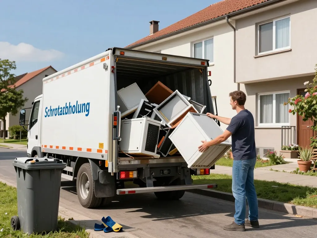 Effizienter Schrottabholungsprozess mit einem Fahrer, der Schrottmetalle in einer freundlichen städtischen Nachbarschaft verladen