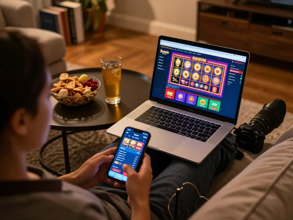 Engaging online casino gaming with Sunwin on a laptop in a cozy home setting.