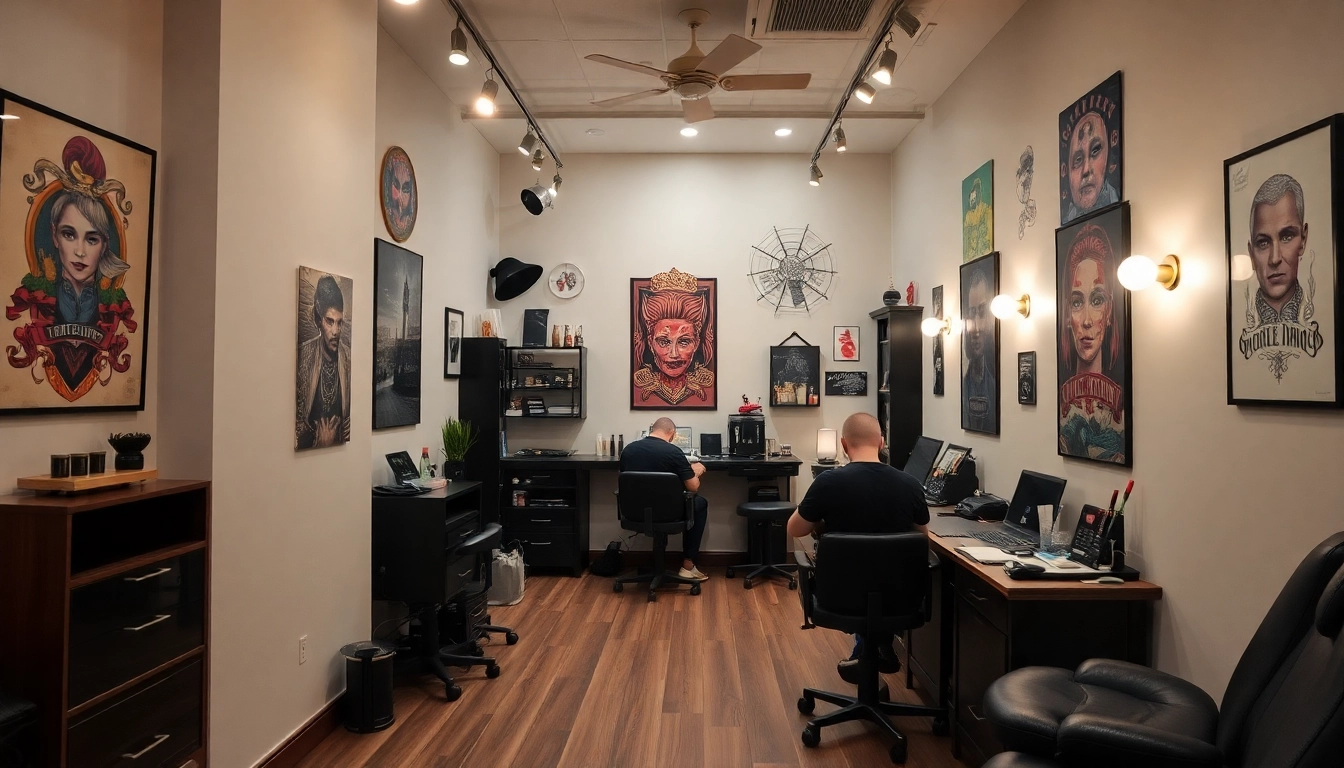 Creative tattoo artist in action at Tattoo Studio München, showcasing unique designs and a professional workspace.