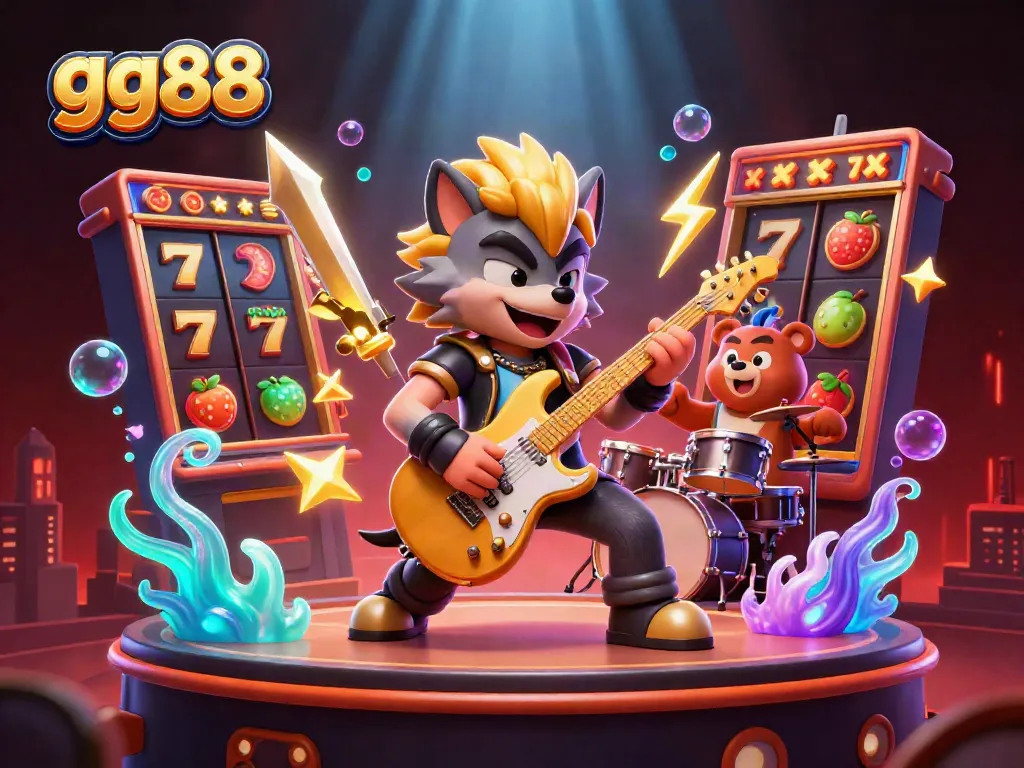 Experience the vibrant energy of gg88's online gaming world with a cartoon rock star wolf and exciting slot elements.