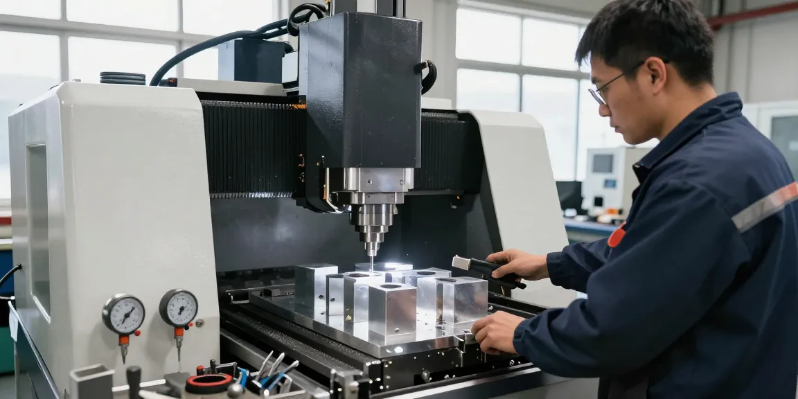 CNC-Fräsen in moderner Werkstatt mit Techniker, präzise Teile werden bearbeitet