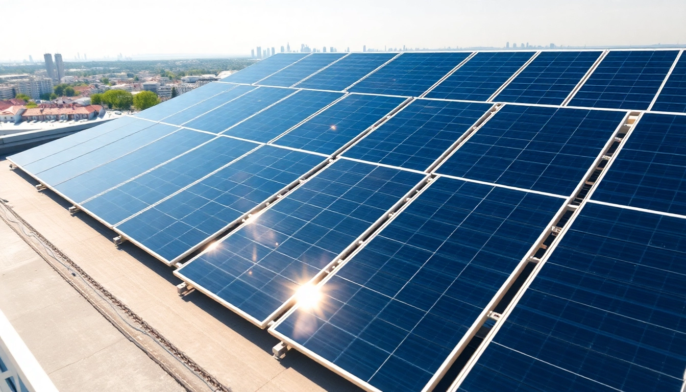 Visualisierung eines Solar-Investments auf gepachteten Dachflächen mit modernen Solarpanelen und städtischem Hintergrund.