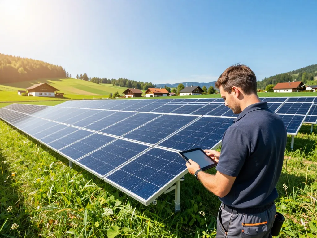 Photovoltaik Bayern Solarfarm mit Techniker, der Panels in bayerischen Feldern analysiert
