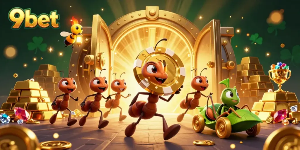 Experience the thrilling heist at 9bet with ants carrying a giant poker chip in a vibrant casino setting.