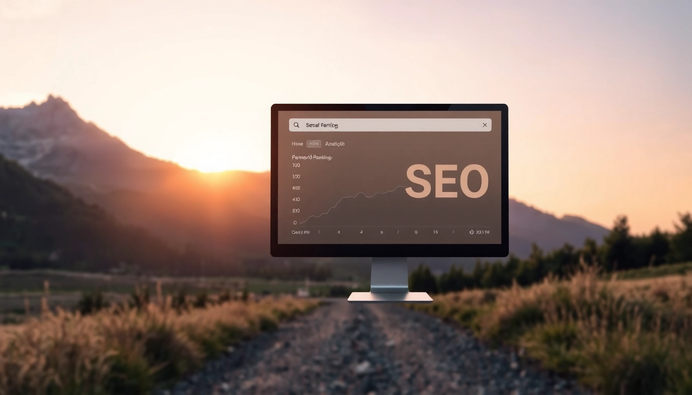 Illustration eines Computers, der SEO-Ranking-Daten in einer beeindruckenden Landschaft darstellt, symbolisiert die Verbindung von natürlicher Schönheit und digitaler Effizienz.