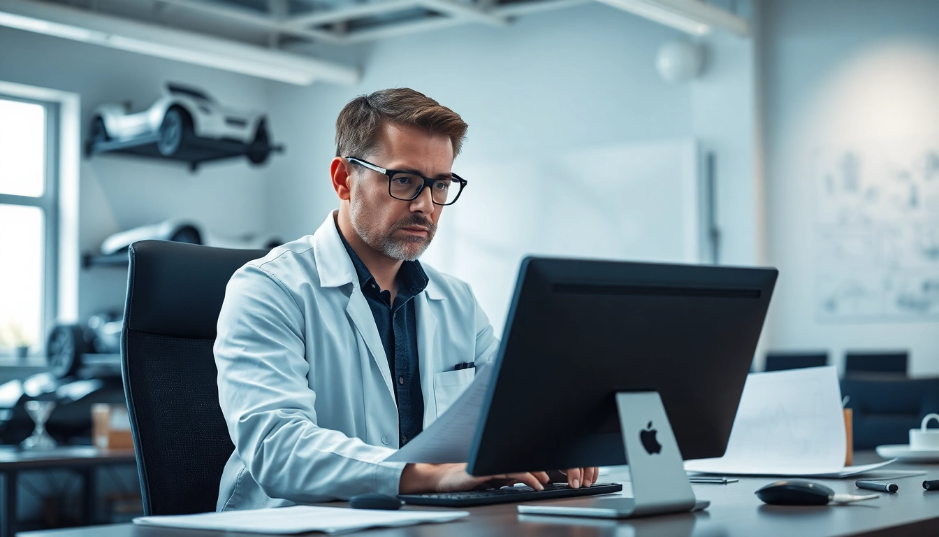 Kfz Sachverständiger Düsseldorf analysiert Schadensberichte in modernem Büro.