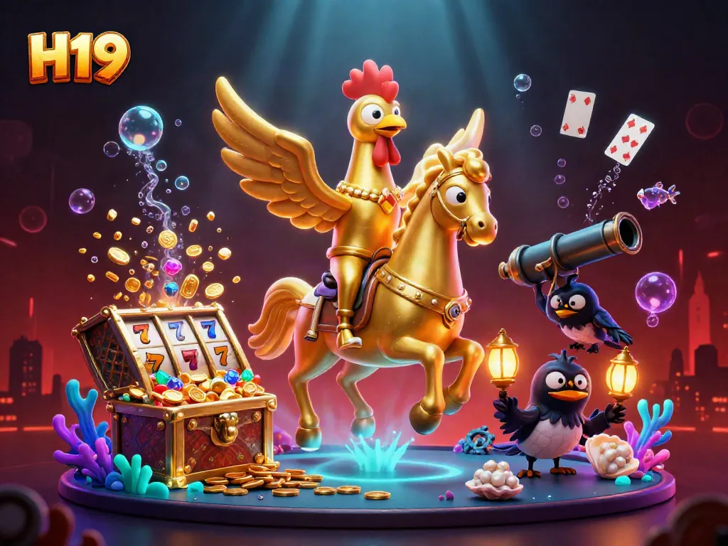 Engage with H19 at a vibrant nighttime casino, where animated characters celebrate exciting slot games.
