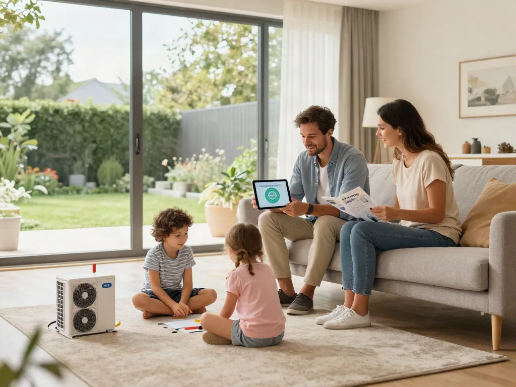 Familie diskutiert Wärmepumpen-Vorteile in modernem Wohnzimmer.