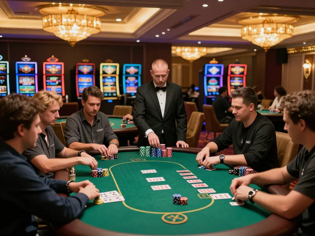 Players strategically betting at a Man88 poker table in a luxury casino setting, showcasing the excitement of high-stakes gaming.