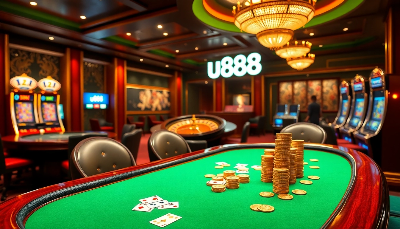 Feeling the thrill of the u888 experience at an elegant casino table with cards and poker chips.