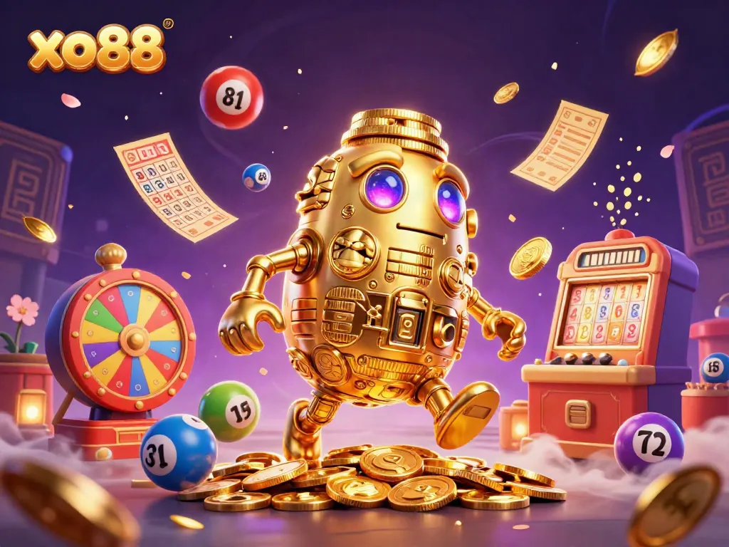 Engage in exciting gameplay with xo88, featuring a golden golem surrounded by colorful lottery elements.