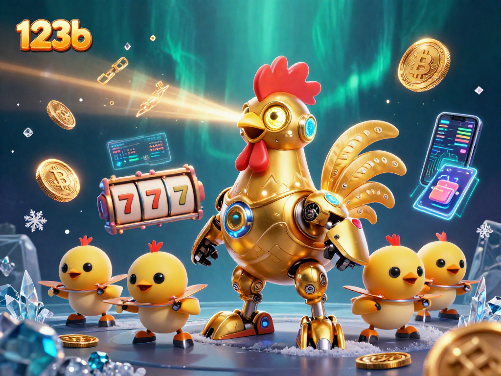Experience thrilling gaming with 123b's animated rooster robot and vibrant casino symbols.