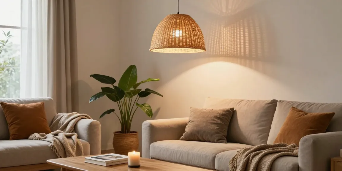 Rattan Lampenschirme, die ein gemütliches Wohnzimmer mit warmem Licht und stilvollem Dekor erhellen.
