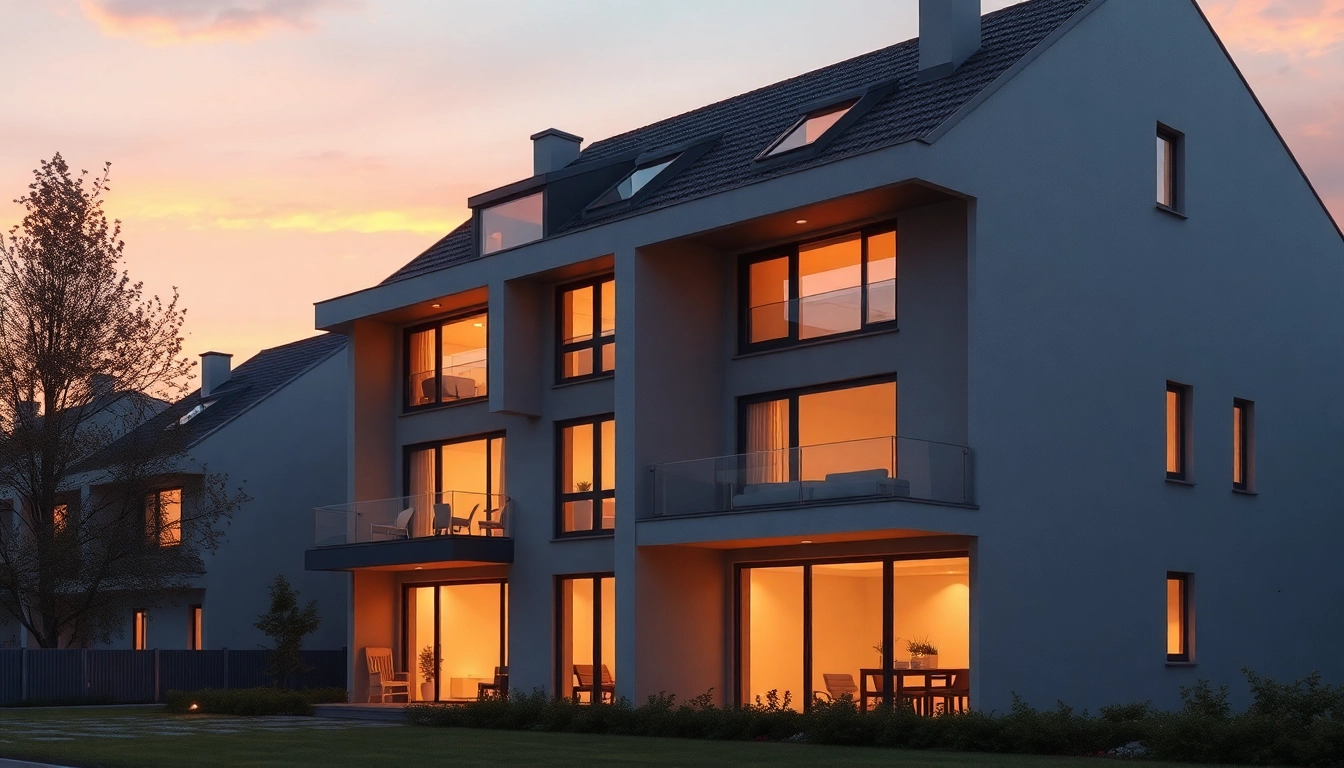 Architektur visualisierung eines modernen Wohngebäudes mit fotorealistischer Darstellung und warmem Licht bei Sonnenuntergang.