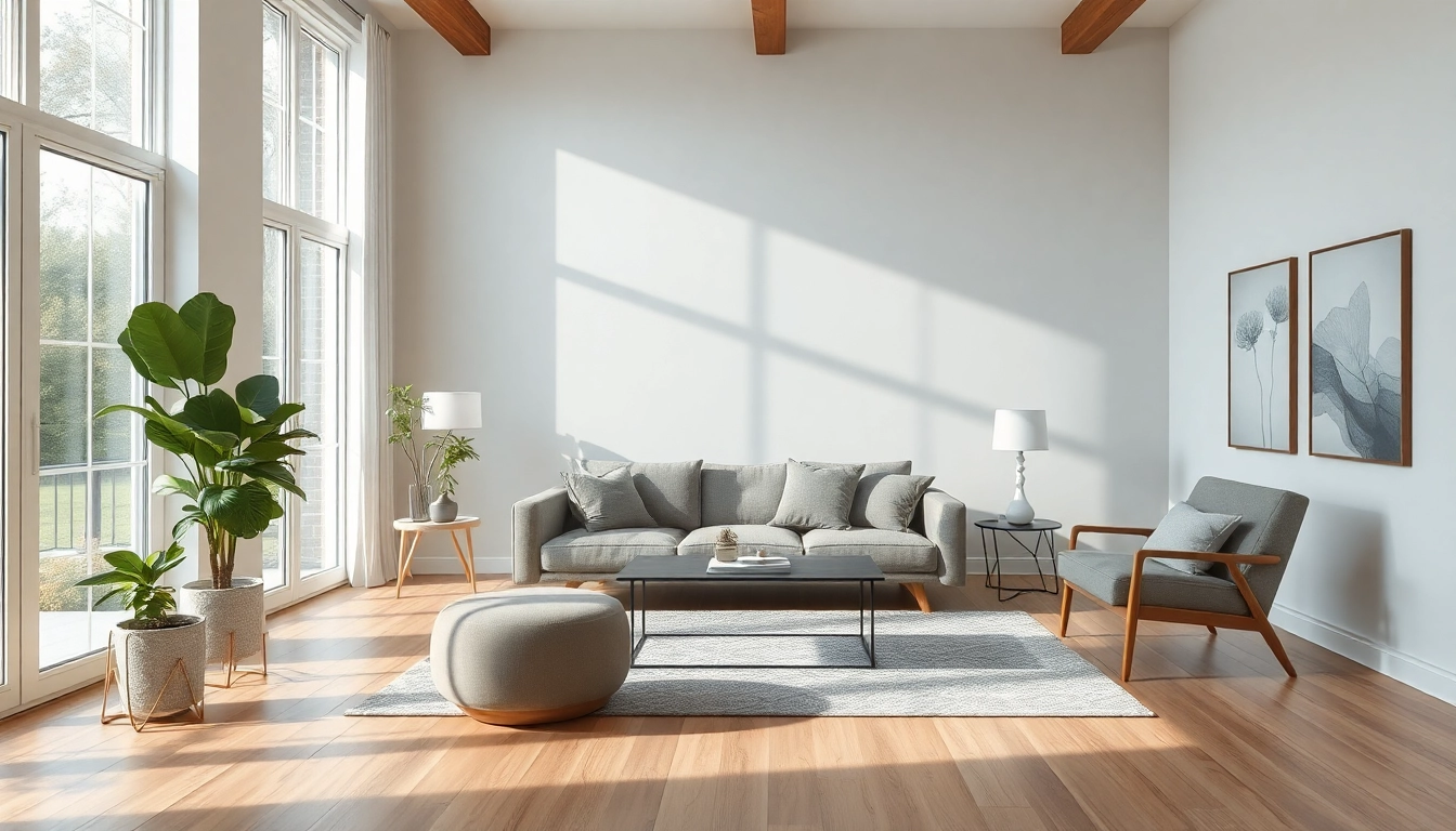 Raumgestaltung in einem modernen Wohnzimmer mit großen Fenstern und stilvollen Möbeln.