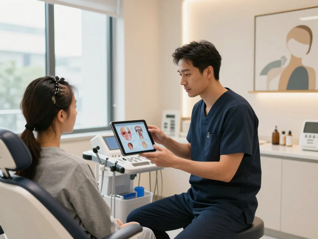 Konsultation in einer Haartransplantation Türkei Klinik mit Patienten und Chirurgen, die über Haarwiederherstellung diskutieren.