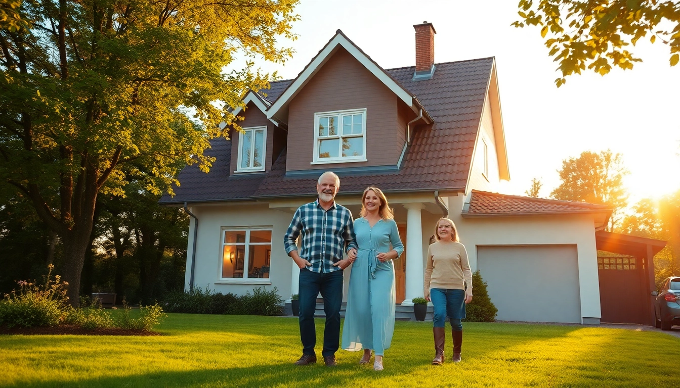 Feiernde Familie vor ihrem neuen Haus: Ein inspirierender Moment des Hauskaufs.