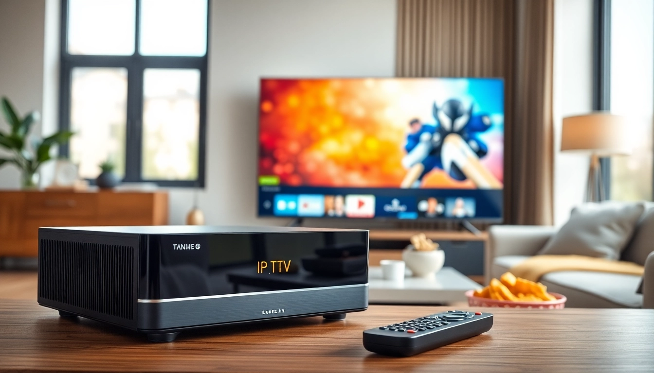 IpTV Kaufen: Hochwertiges IPTV-Gerät in modernem Wohnzimmer, bereit für Streaming.