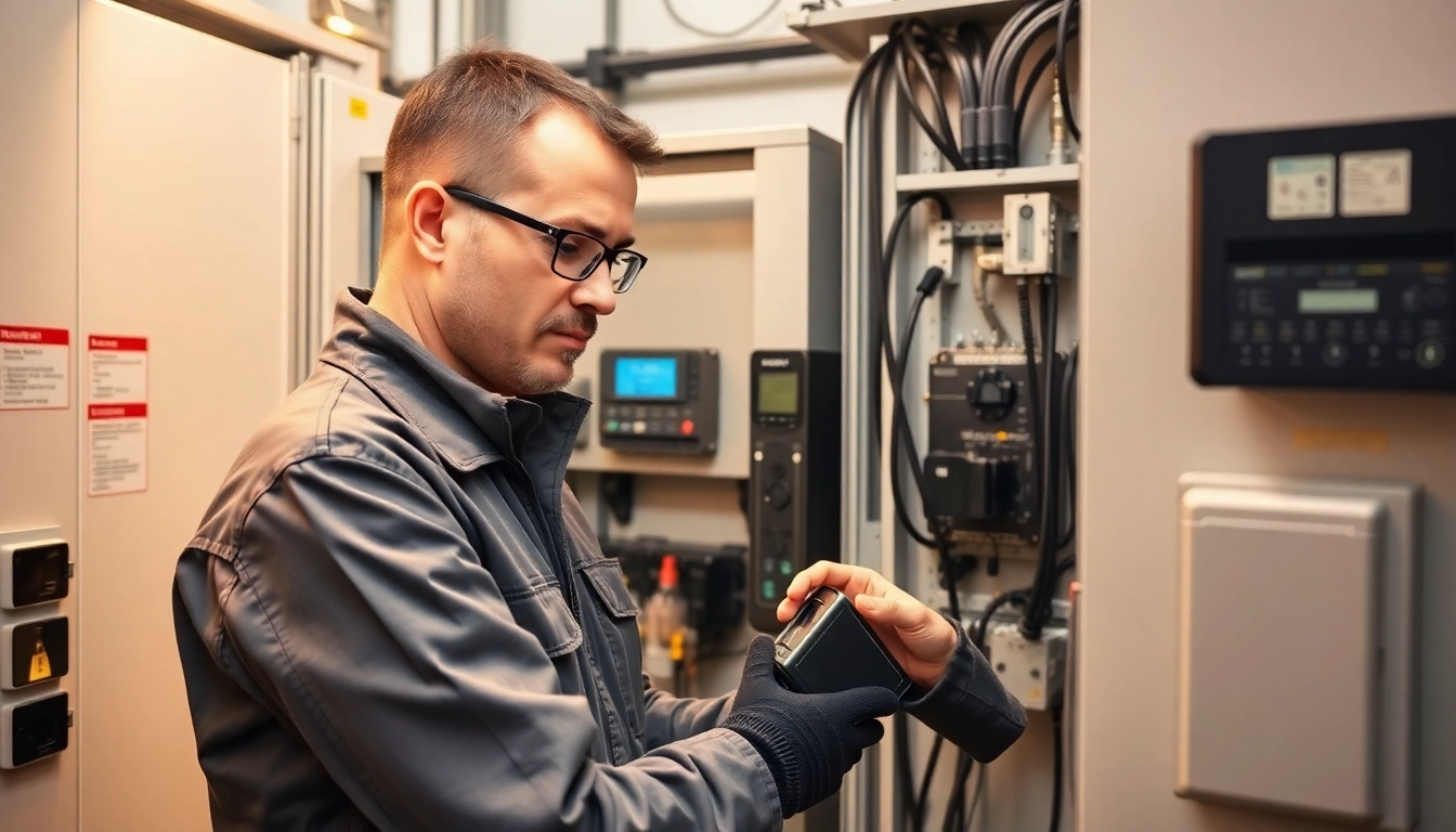 Technician performing DGUV V3 Prüfung on electrical equipment ensuring workplace safety.