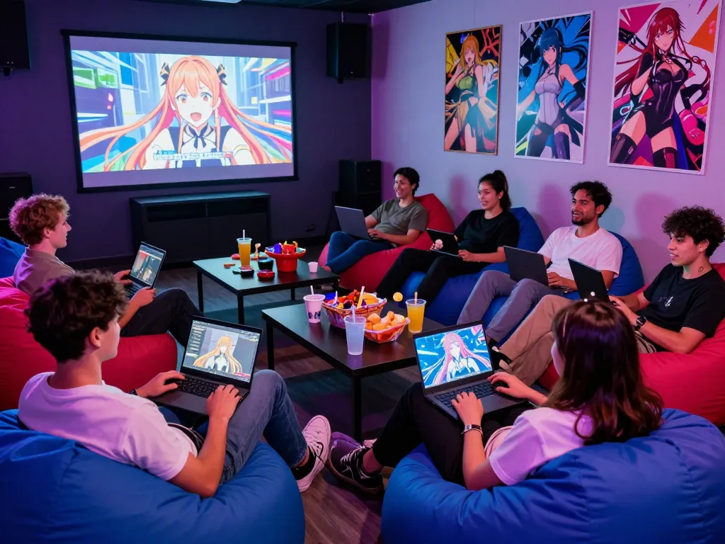 Exciting group playing porn game online in a vibrant gaming lounge with colorful lighting.