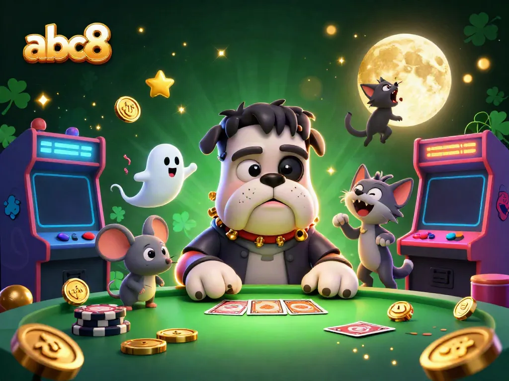 Experience thrilling gameplay at abc8 with a 3D Frankenstein bulldog dealer amidst vibrant gaming elements.