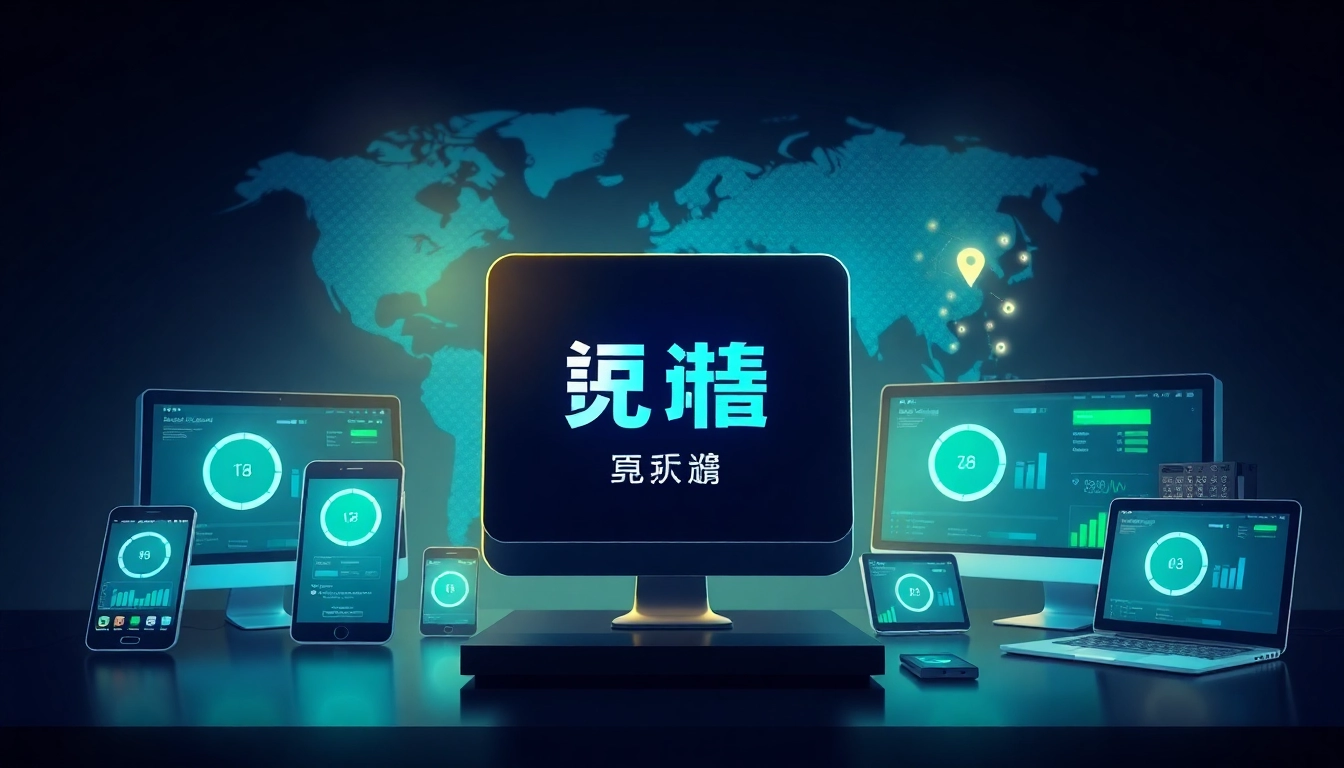 快连官网标志在多种设备上显著展示，配以生动的互联网速度图形，强调连通性与可靠性。