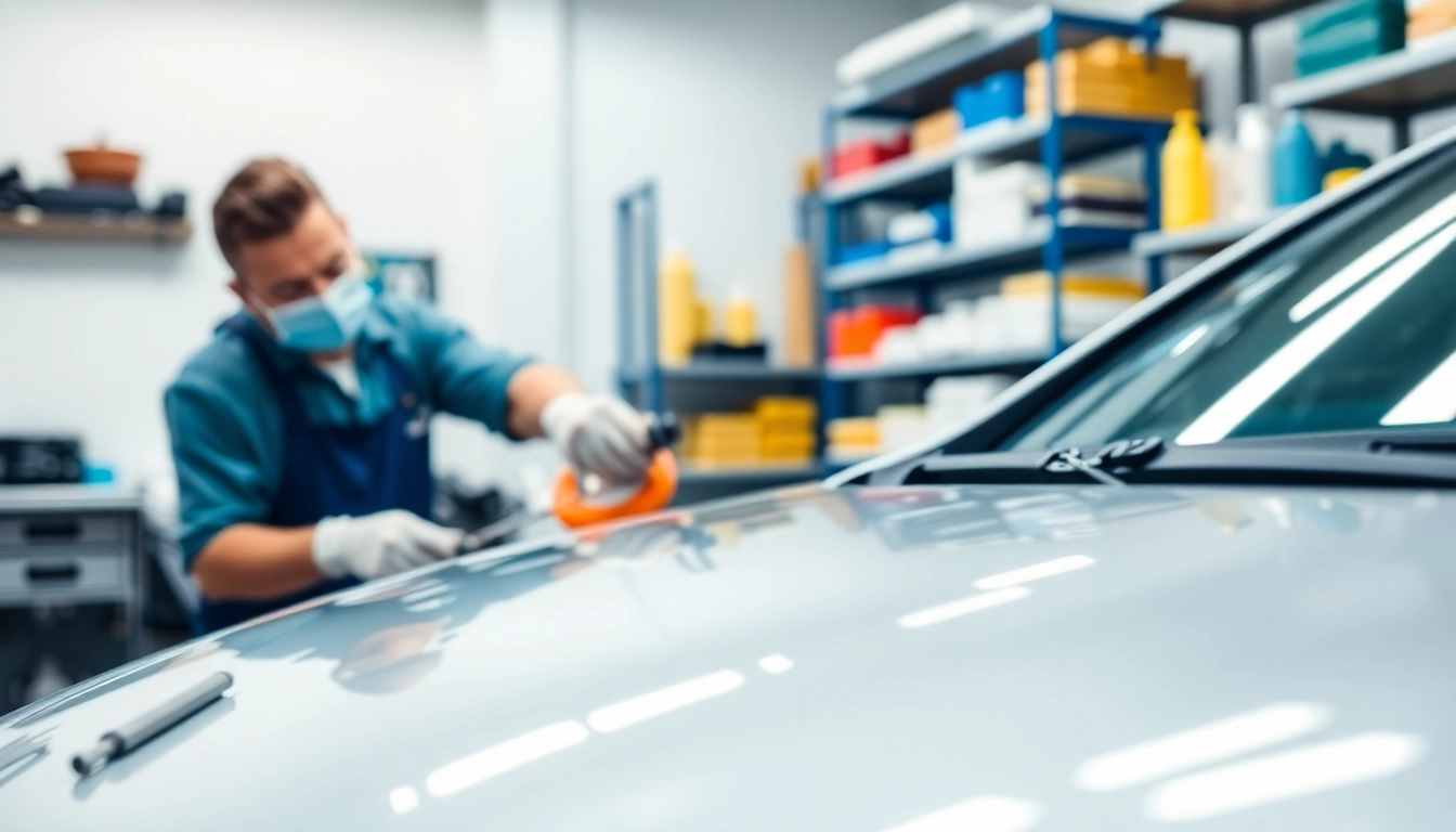 Fahrzeugaufbereitung durch einen Techniker, der ein Auto sorgfältig poliert.