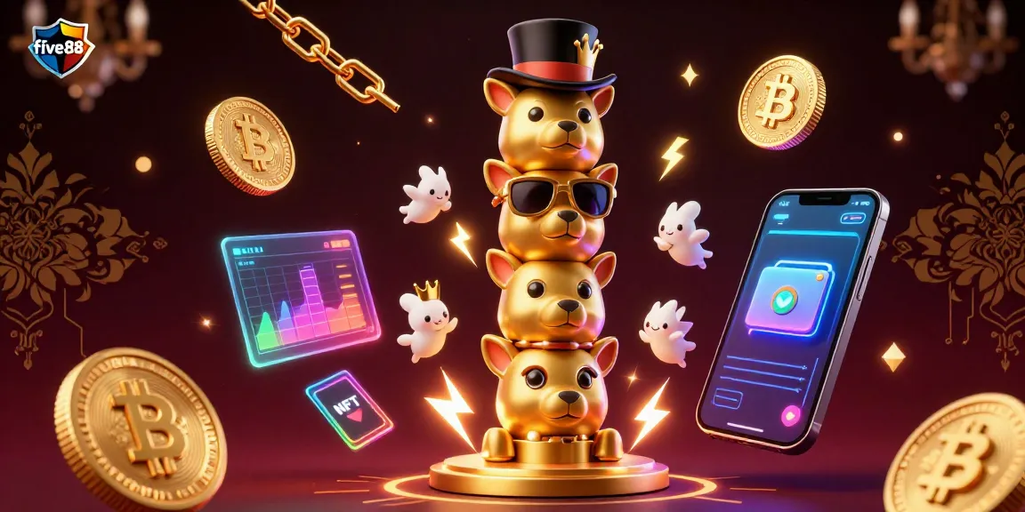 Engage with five88 gaming adventures featuring a golden totem pole amidst crypto elements and neon excitement.
