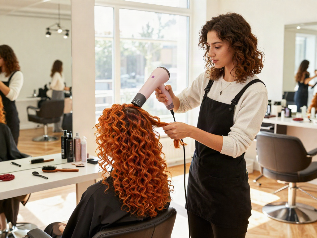 Laifen Mini Haartrockner wird von einer Stylistin im modernen Friseursalon verwendet, um die Haare einer Kundin zu stylen.