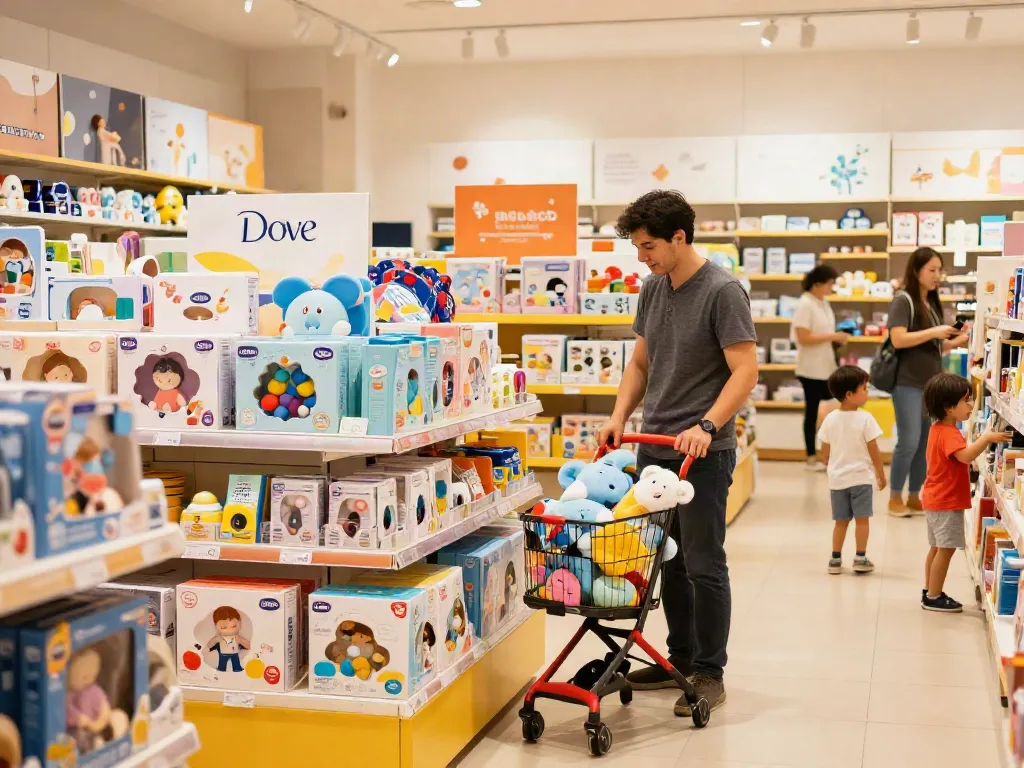 Shoppers exploring rokok88's vibrant retail space filled with baby products and toys.