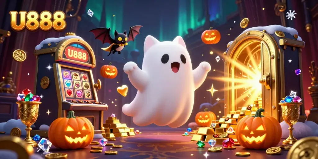 U888's ghost cat elevates excitement in a haunted casino scene with glowing treasures.