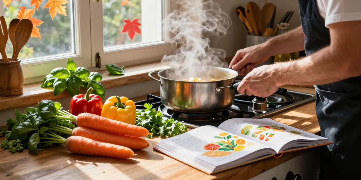 Leckere Vegane Suppen, die mit frischem Gemüse in einer rustikalen Küche zubereitet werden.