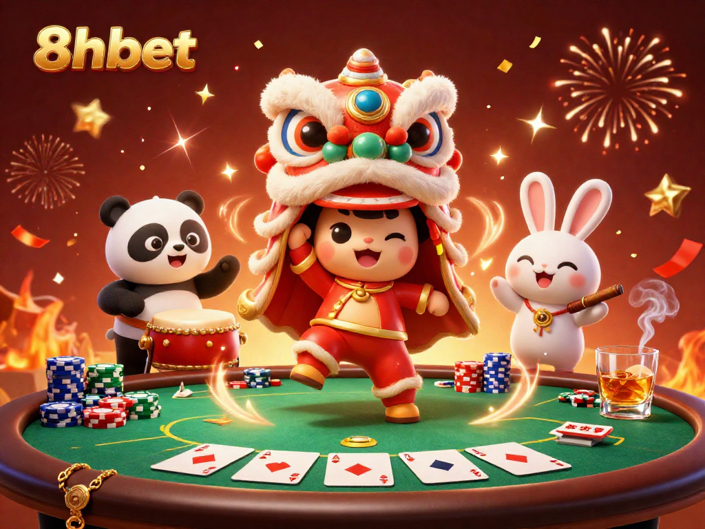 Experience the vibrant atmosphere of 8xbet's casino scene with lively characters and dynamic poker elements.