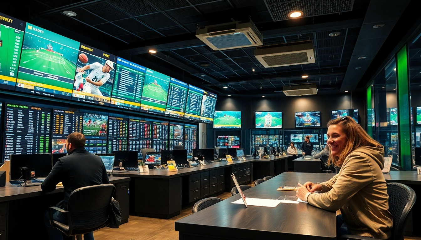 Erleben Sie die Aufregung von sportwetten ohne einzahlungslimit in einem modernen Wettbüro mit begeisterten Kunden und Live-Übertragungen.