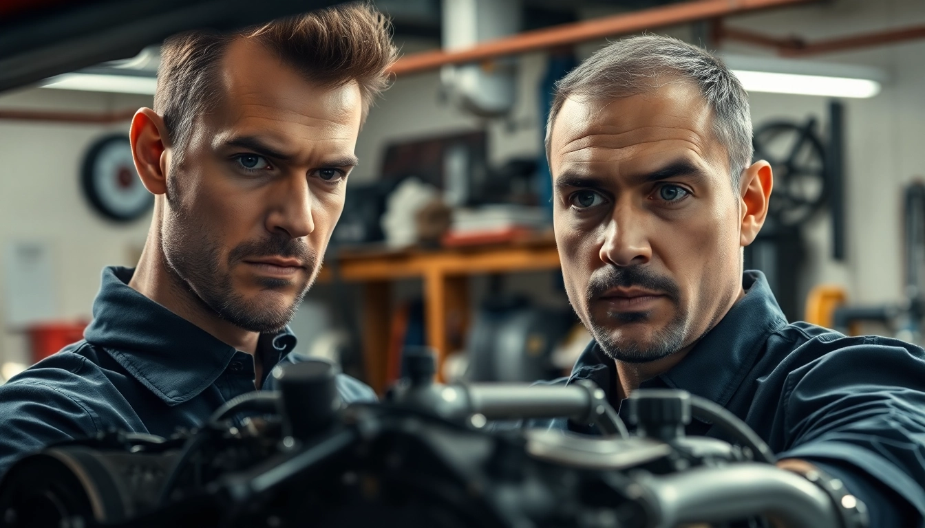Motorschaden Ankauf: Mechanic evaluates engine damage in a bright workshop