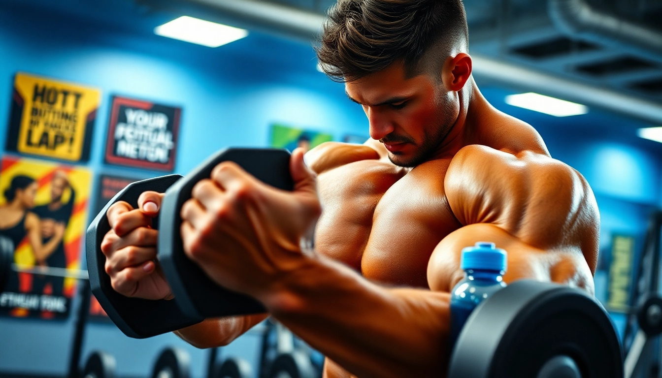 Trenbolon kaufen: Muskelaufbau und Fitness im professionellen Gym mit Bodybuilder und Trainingsgeräten.