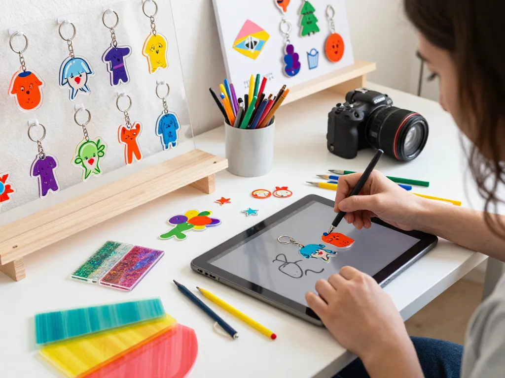 Colorful acrylic keychains being designed by an artist, showcasing creative tools and vibrant materials.