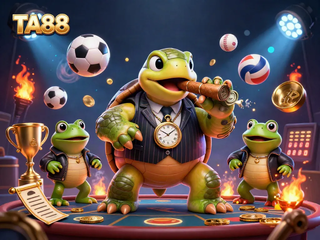 Engage in sports betting action with TA88, featuring a cartoon snapping turtle and bullfrog enforcers.