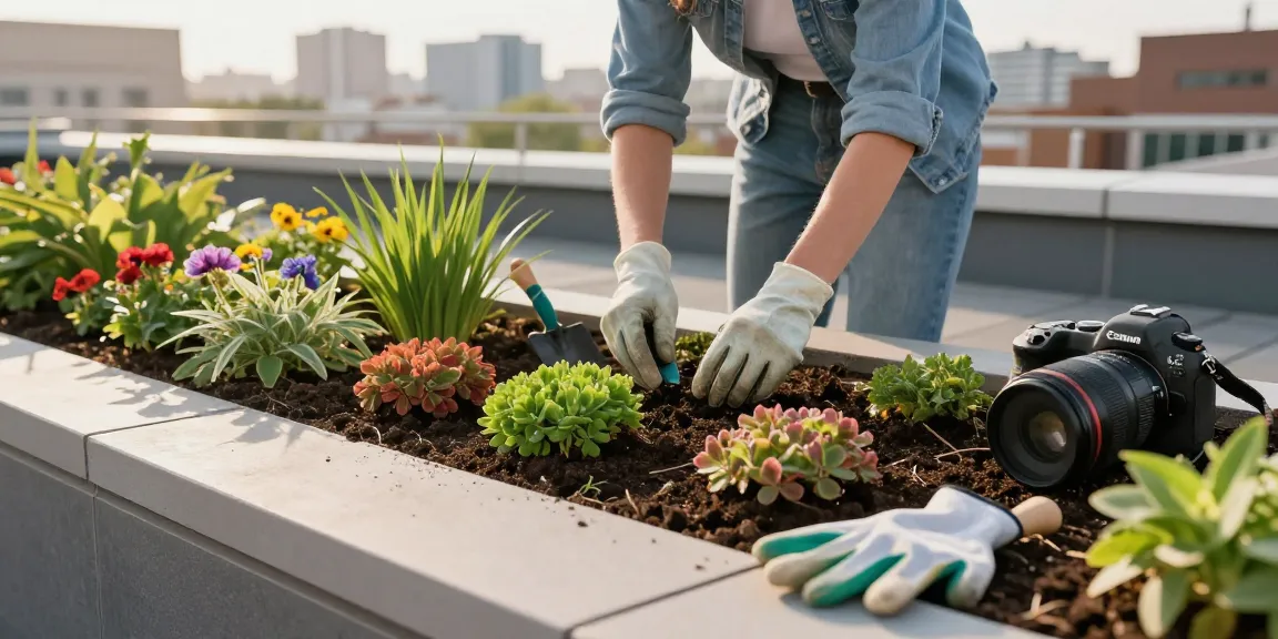 Flachdach begrünen mit lebhaften Sedum-Pflanzen, Person, die auf modernem Dachgarten arbeitet.