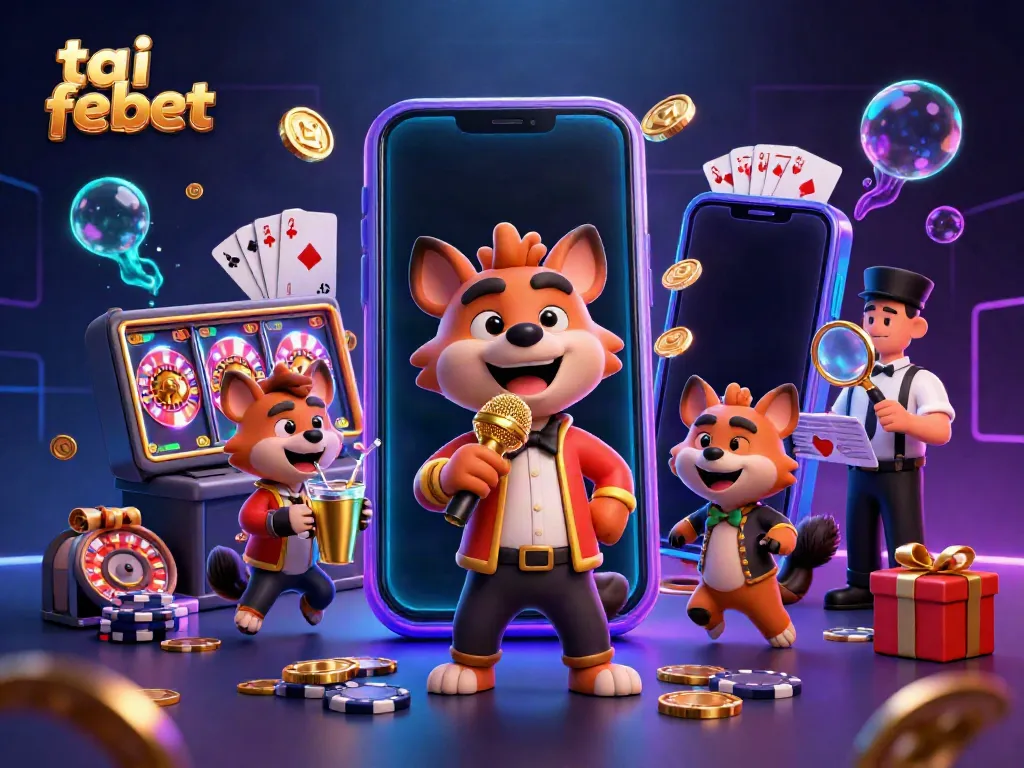 Join the fun at tai febet with a vibrant casino scene featuring hyenas entertaining guests and showcasing exciting games.