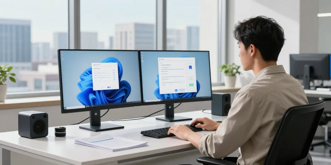 Modernes Arbeitsumfeld mit Windows 11 Upgrade von Windows 10 durchführen auf zwei Monitoren, die Produktivität fördert.