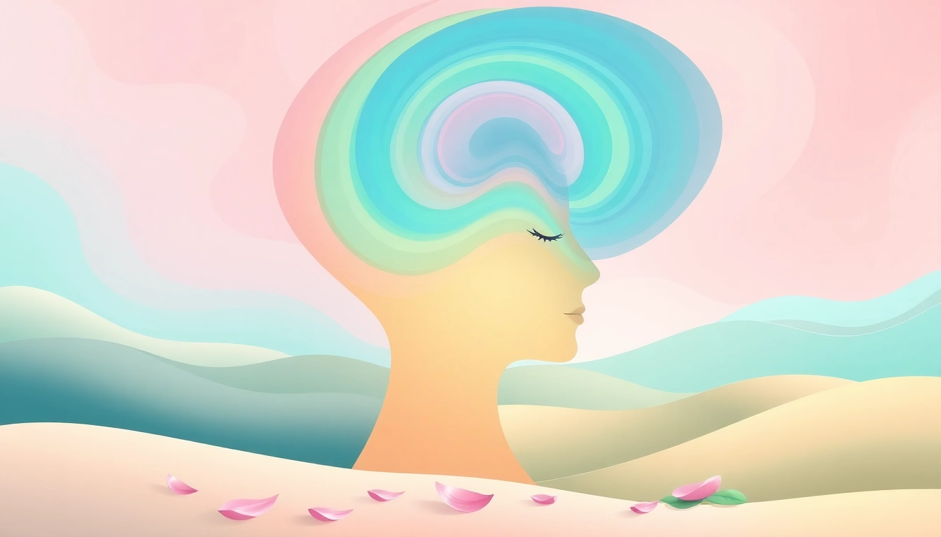 Emotional wellbeing illustrated through a serene silhouette surrounded by calming patterns and colors.