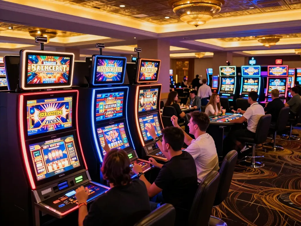 Exciting casino atmosphere with players enjoying O8 SOCIAL slot machines, celebrating wins amid vibrant lights